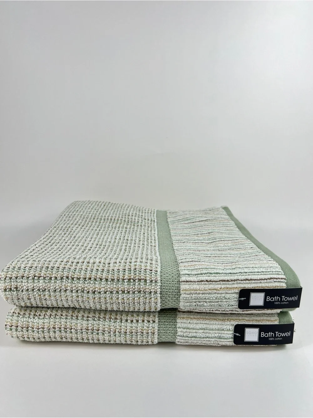 SOHO Living Bath Towels in Sage Cream Tan Striped Soft 100% Cotton Set of 2 NEW